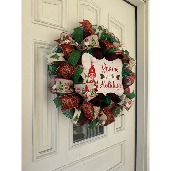Gnome for the Holidays Christmas Wreath, Gnome Sign Green, Red, Gold Ribbons xxx - Picture 6 of 8